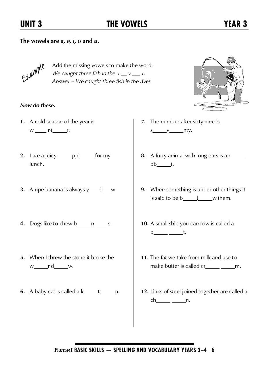 Sample interior page from the Excel Basic Skills Spelling and Vocabulary Years 3-4 workbook, as shown in the Pascal Press gallery