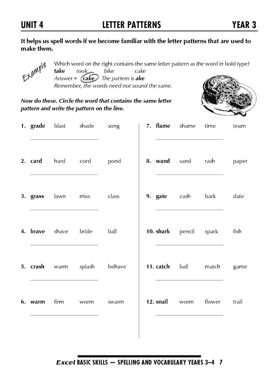 Sample interior page from the Excel Basic Skills Spelling and Vocabulary Years 3-4 workbook, as shown in the Pascal Press gallery