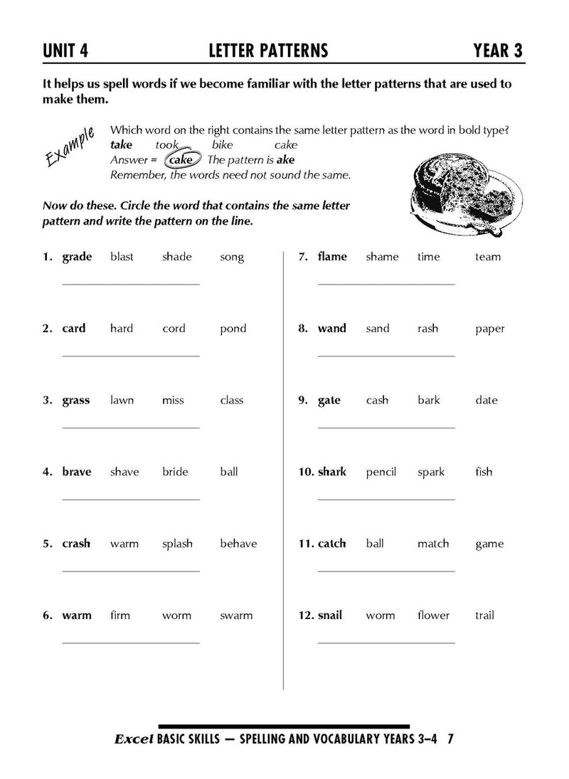 Sample interior page from the Excel Basic Skills Spelling and Vocabulary Years 3-4 workbook, as shown in the Pascal Press gallery