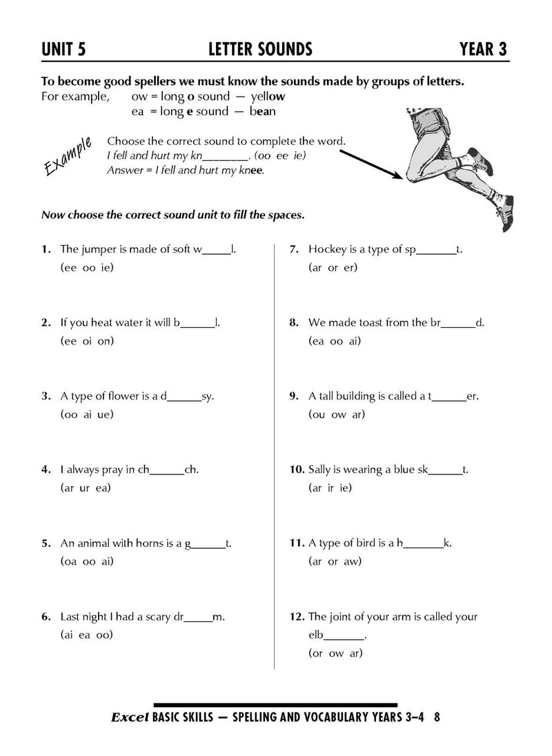 Sample interior page from the Excel Basic Skills Spelling and Vocabulary Years 3-4 workbook, as shown in the Pascal Press gallery