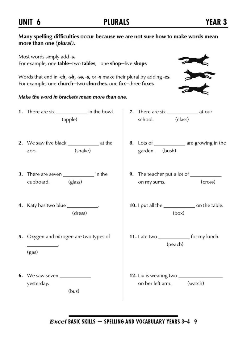 Sample interior page from the Excel Basic Skills Spelling and Vocabulary Years 3-4 workbook, as shown in the Pascal Press gallery