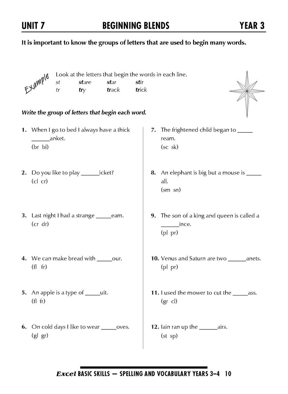 Sample interior page from the Excel Basic Skills Spelling and Vocabulary Years 3-4 workbook, as shown in the Pascal Press gallery