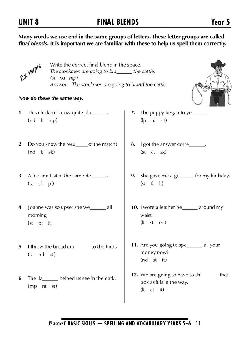 Sample interior page from the Excel Basic Skills Spelling and Vocabulary Years 5-6 workbook, as shown in the Pascal Press gallery