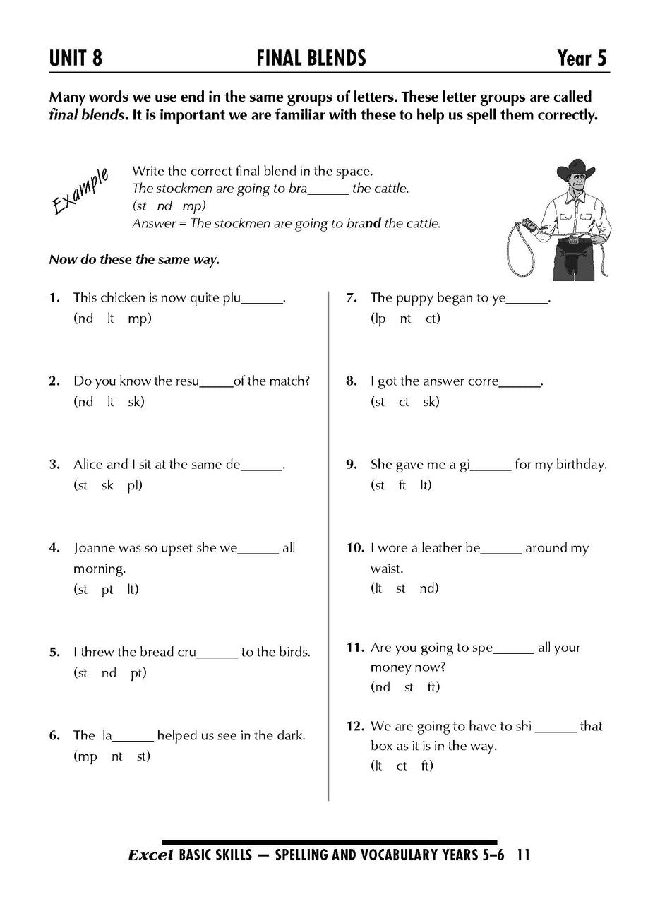 Sample interior page from the Excel Basic Skills Spelling and Vocabulary Years 5-6 workbook, as shown in the Pascal Press gallery