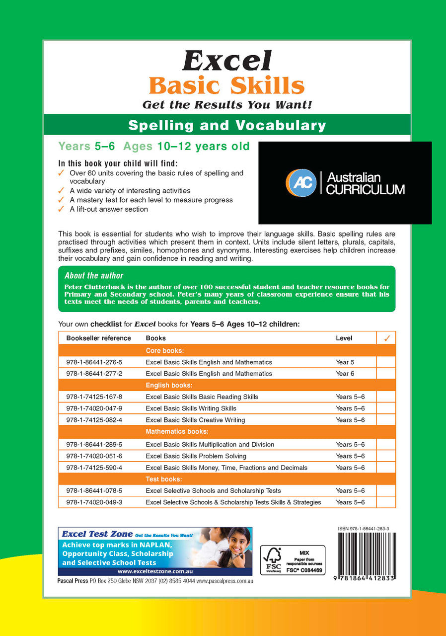 Sample interior page from the Excel Basic Skills Spelling and Vocabulary Years 5-6 workbook, as shown in the Pascal Press gallery