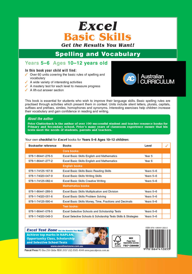 Sample interior page from the Excel Basic Skills Spelling and Vocabulary Years 5-6 workbook, as shown in the Pascal Press gallery