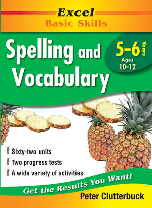 Front cover of the Excel Basic Skills Spelling and Vocabulary Years 5-6 workbook by Pascal Press, the main product image