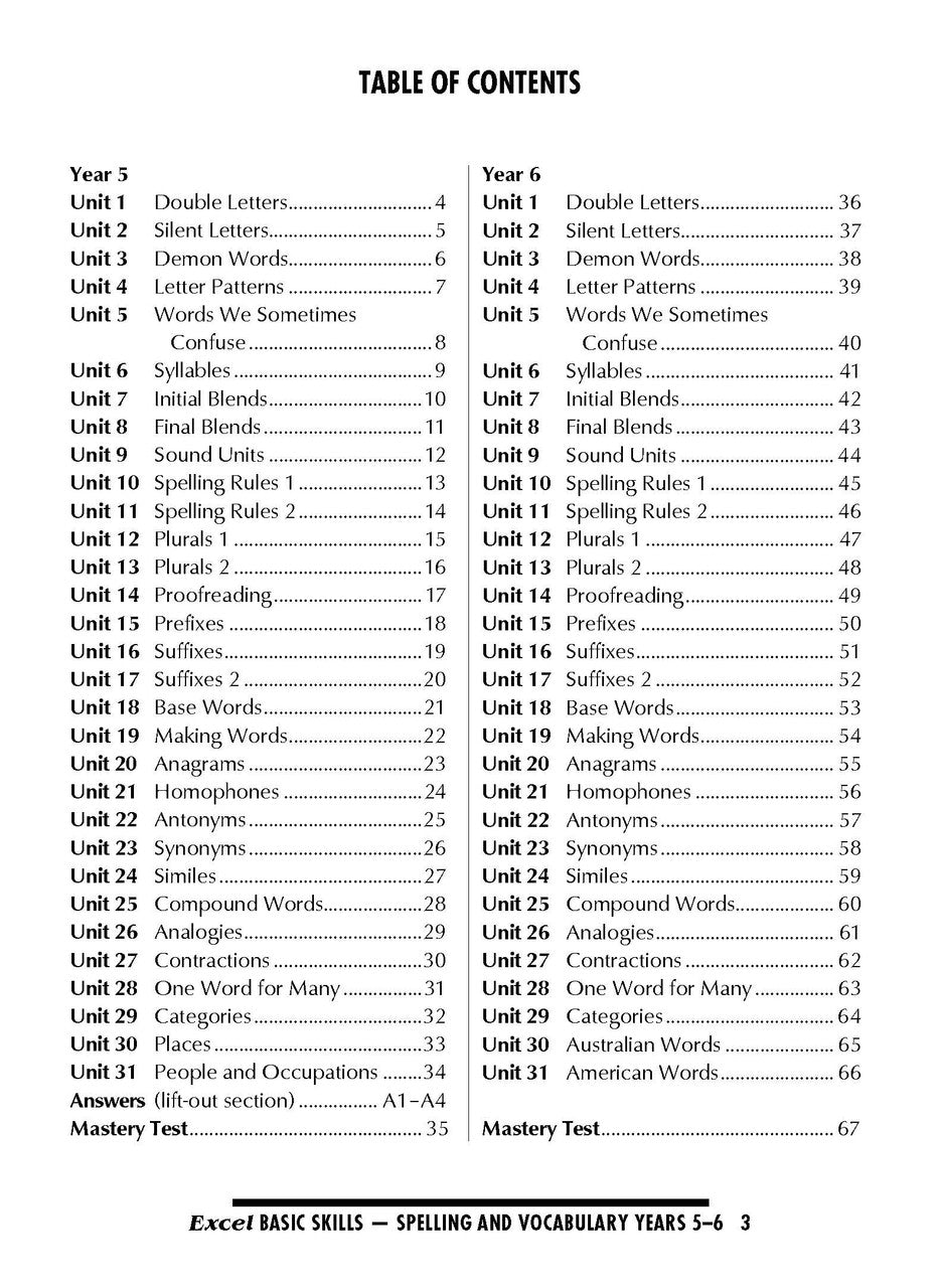 Sample interior page from the Excel Basic Skills Spelling and Vocabulary Years 5-6 workbook, as shown in the Pascal Press gallery