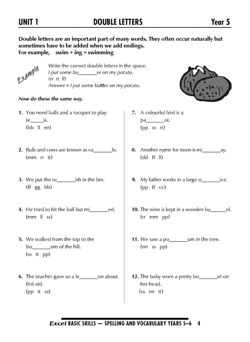 Sample interior page from the Excel Basic Skills Spelling and Vocabulary Years 5-6 workbook, as shown in the Pascal Press gallery