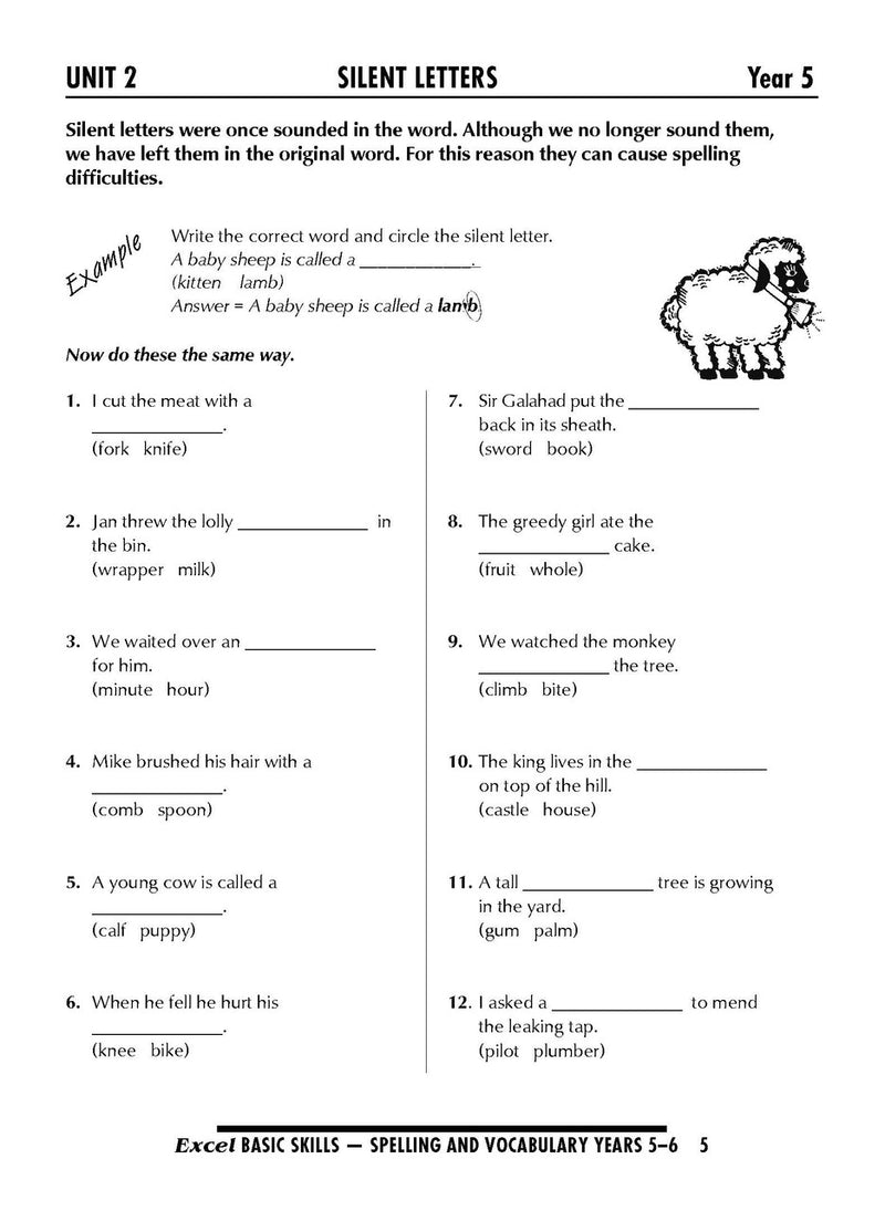 Sample interior page from the Excel Basic Skills Spelling and Vocabulary Years 5-6 workbook, as shown in the Pascal Press gallery