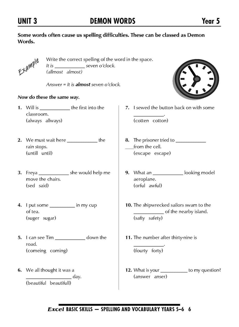Sample interior page from the Excel Basic Skills Spelling and Vocabulary Years 5-6 workbook, as shown in the Pascal Press gallery
