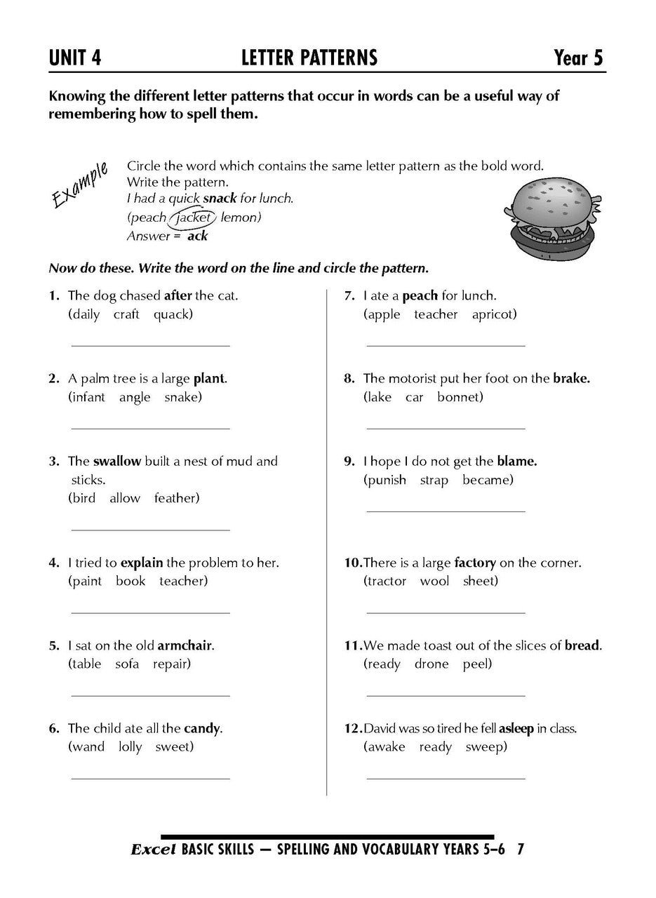 Sample interior page from the Excel Basic Skills Spelling and Vocabulary Years 5-6 workbook, as shown in the Pascal Press gallery