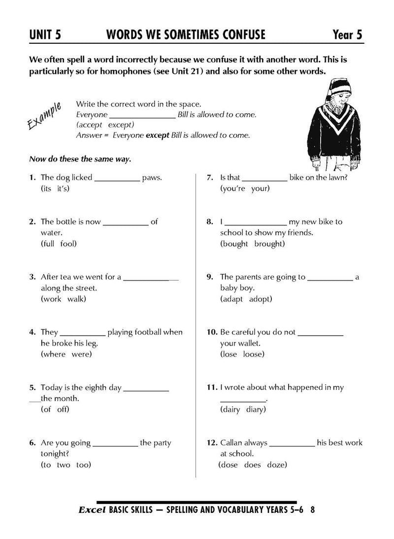 Sample interior page from the Excel Basic Skills Spelling and Vocabulary Years 5-6 workbook, as shown in the Pascal Press gallery