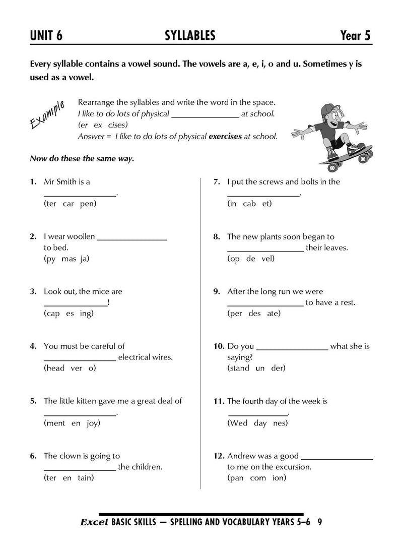 Sample interior page from the Excel Basic Skills Spelling and Vocabulary Years 5-6 workbook, as shown in the Pascal Press gallery
