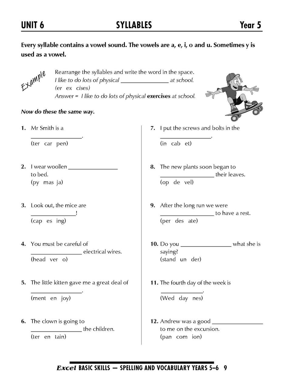 Sample interior page from the Excel Basic Skills Spelling and Vocabulary Years 5-6 workbook, as shown in the Pascal Press gallery