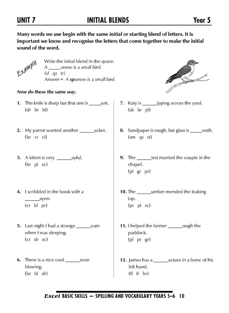 Sample interior page from the Excel Basic Skills Spelling and Vocabulary Years 5-6 workbook, as shown in the Pascal Press gallery