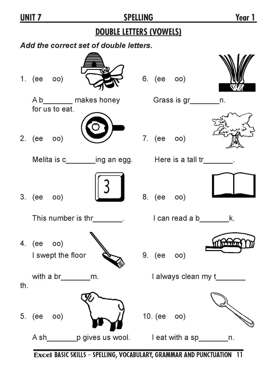 Sample interior page from the Excel Basic Skills Spelling, Vocabulary, Grammar and Punctuation Years 1-2 workbook, as shown in the Pascal Press gallery