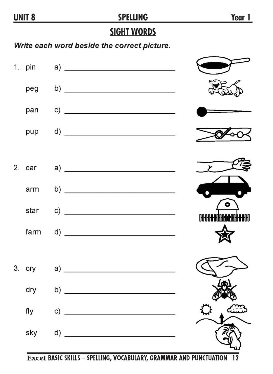 Sample interior page from the Excel Basic Skills Spelling, Vocabulary, Grammar and Punctuation Years 1-2 workbook, as shown in the Pascal Press gallery