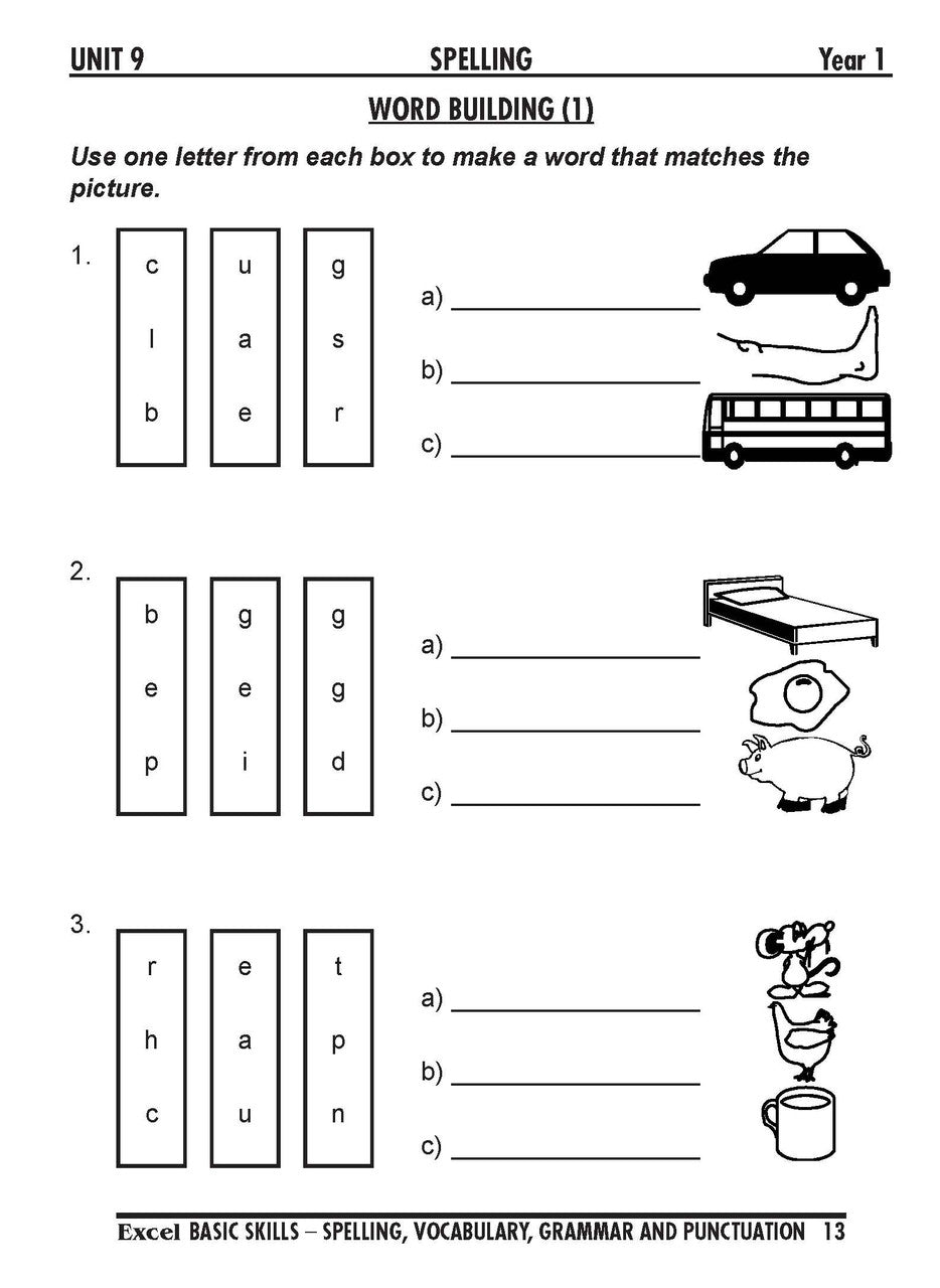 Sample interior page from the Excel Basic Skills Spelling, Vocabulary, Grammar and Punctuation Years 1-2 workbook, as shown in the Pascal Press gallery