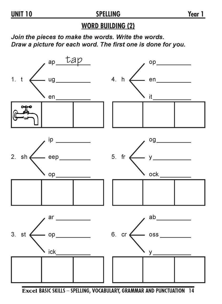 Sample interior page from the Excel Basic Skills Spelling, Vocabulary, Grammar and Punctuation Years 1-2 workbook, as shown in the Pascal Press gallery