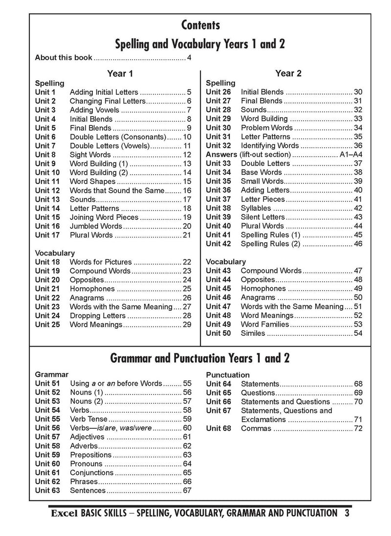 Sample interior page from the Excel Basic Skills Spelling, Vocabulary, Grammar and Punctuation Years 1-2 workbook, as shown in the Pascal Press gallery