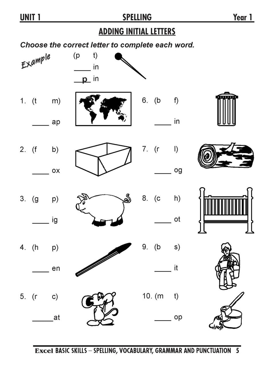 Sample interior page from the Excel Basic Skills Spelling, Vocabulary, Grammar and Punctuation Years 1-2 workbook, as shown in the Pascal Press gallery