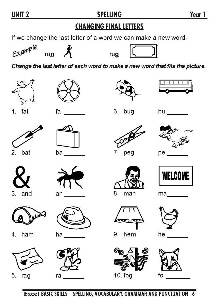 Sample interior page from the Excel Basic Skills Spelling, Vocabulary, Grammar and Punctuation Years 1-2 workbook, as shown in the Pascal Press gallery