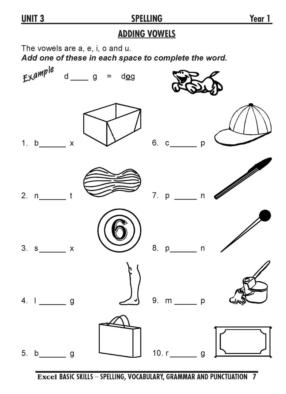Sample interior page from the Excel Basic Skills Spelling, Vocabulary, Grammar and Punctuation Years 1-2 workbook, as shown in the Pascal Press gallery