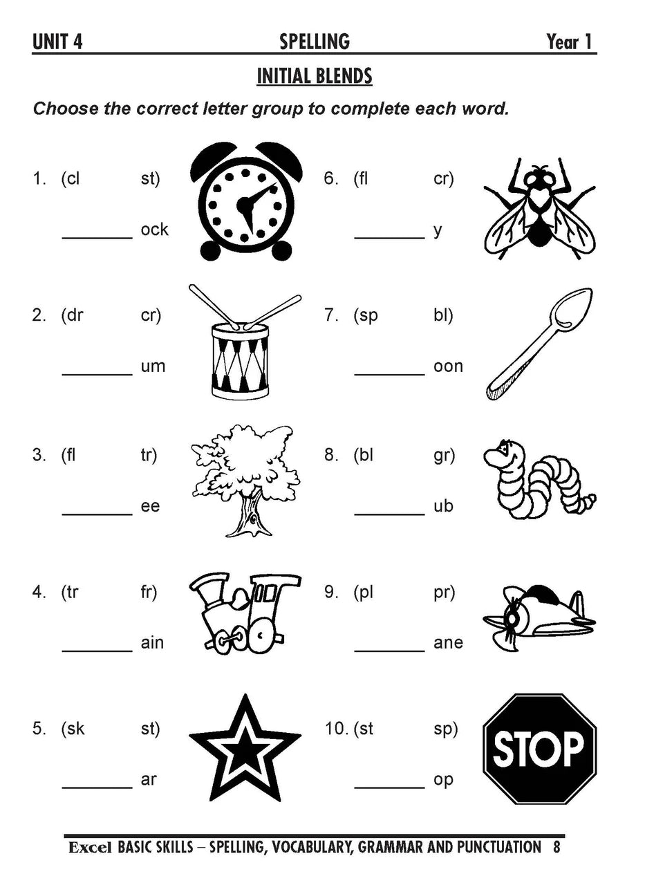 Sample interior page from the Excel Basic Skills Spelling, Vocabulary, Grammar and Punctuation Years 1-2 workbook, as shown in the Pascal Press gallery