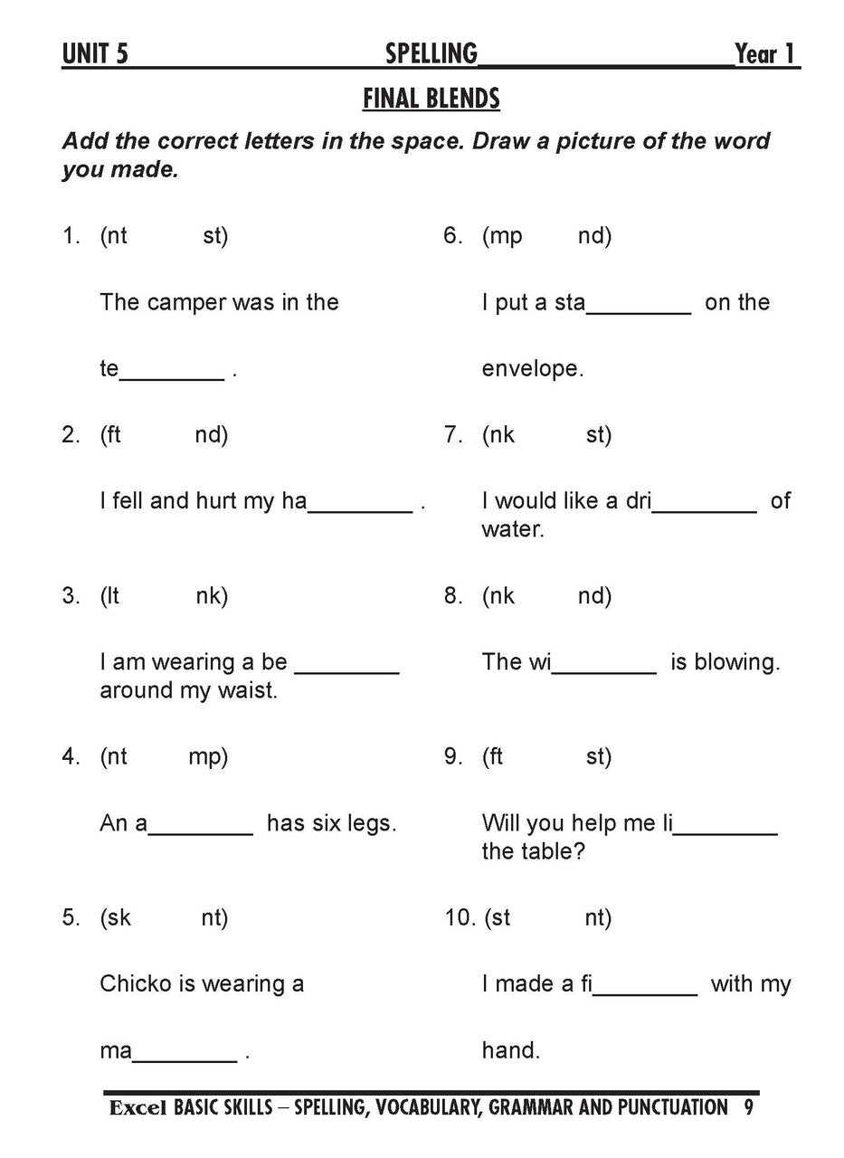 Sample interior page from the Excel Basic Skills Spelling, Vocabulary, Grammar and Punctuation Years 1-2 workbook, as shown in the Pascal Press gallery