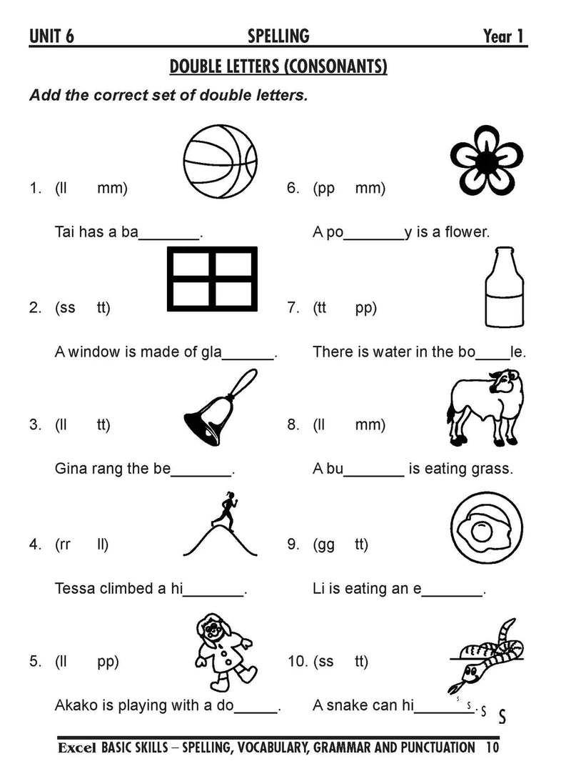 Sample interior page from the Excel Basic Skills Spelling, Vocabulary, Grammar and Punctuation Years 1-2 workbook, as shown in the Pascal Press gallery