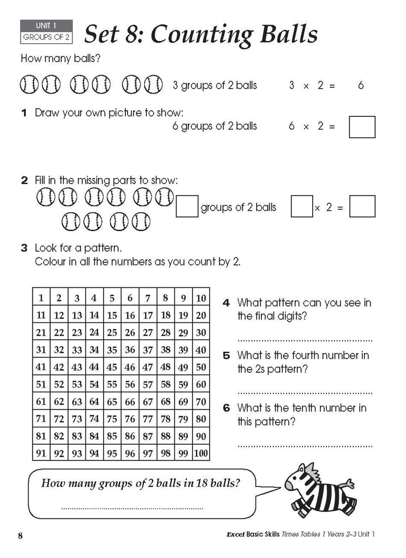 Sample inside activity page from the Excel Basic Skills Times Tables 1 Years 2-3 workbook showing printed exercises for children to complete