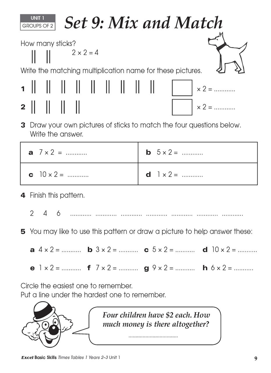 Sample inside activity page from the Excel Basic Skills Times Tables 1 Years 2-3 workbook showing printed exercises for children to complete