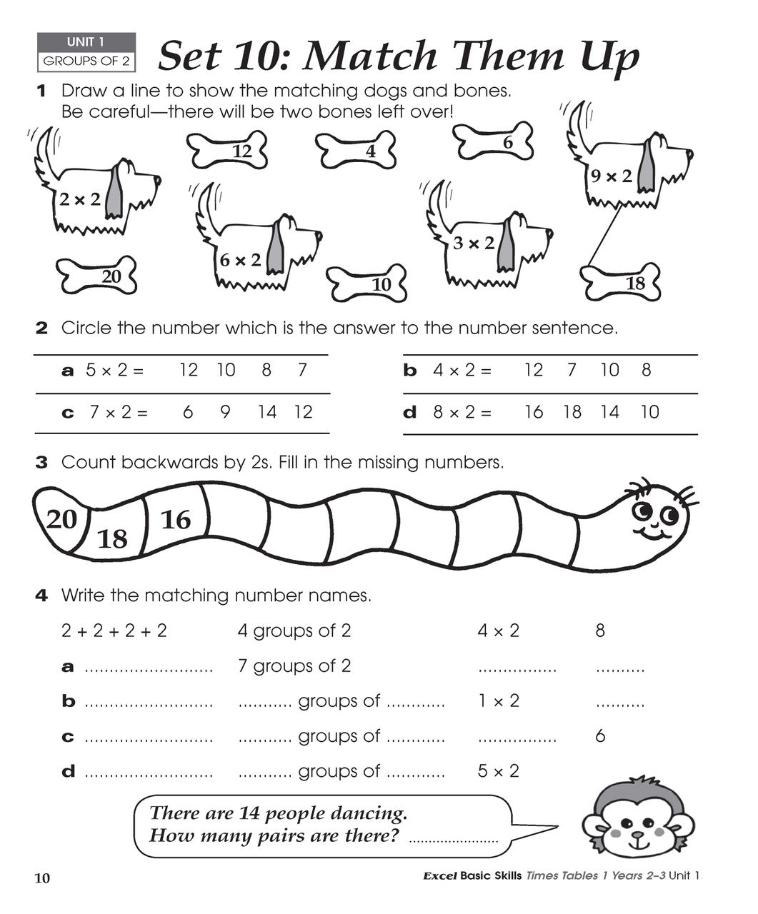 Sample inside activity page from the Excel Basic Skills Times Tables 1 Years 2-3 workbook showing printed exercises for children to complete