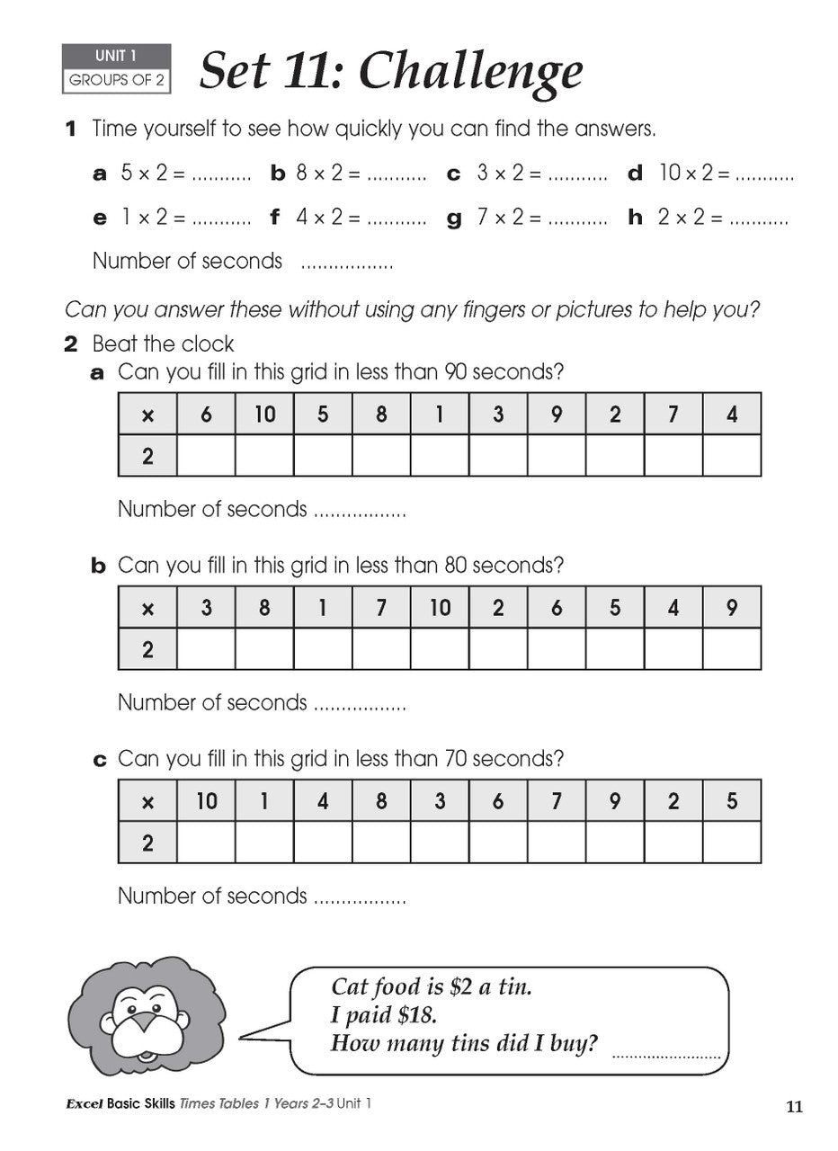 Sample inside activity page from the Excel Basic Skills Times Tables 1 Years 2-3 workbook showing printed exercises for children to complete