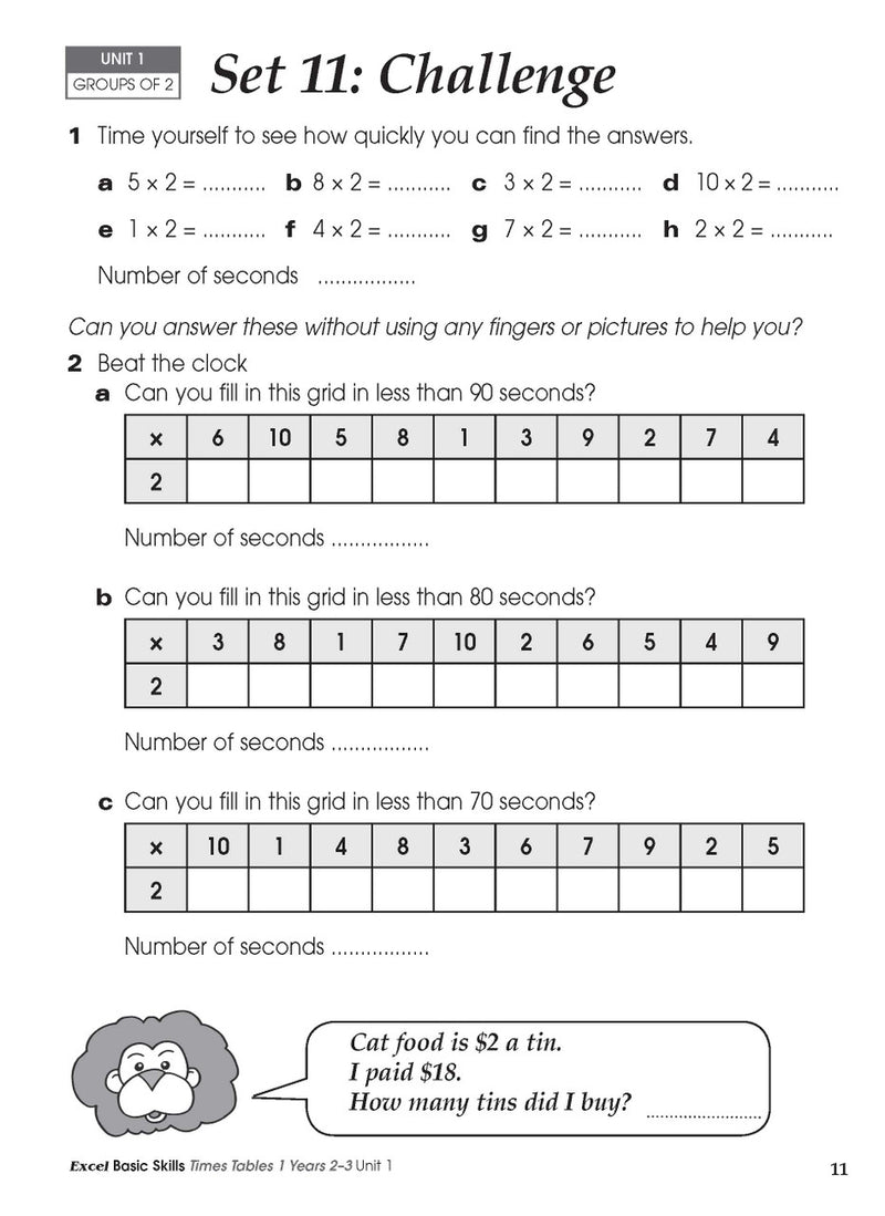 Sample inside activity page from the Excel Basic Skills Times Tables 1 Years 2-3 workbook showing printed exercises for children to complete