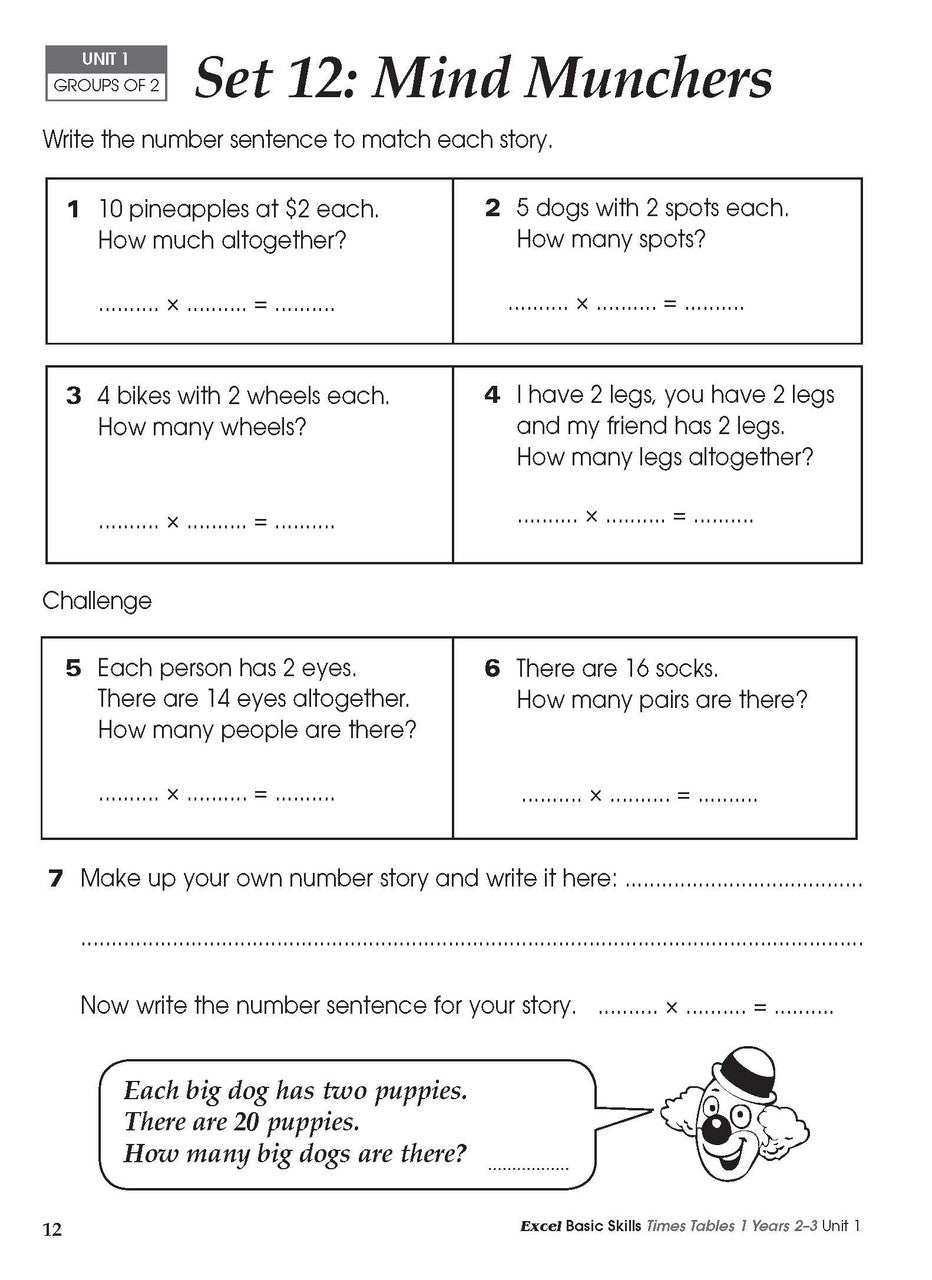 Sample inside activity page from the Excel Basic Skills Times Tables 1 Years 2-3 workbook showing printed exercises for children to complete