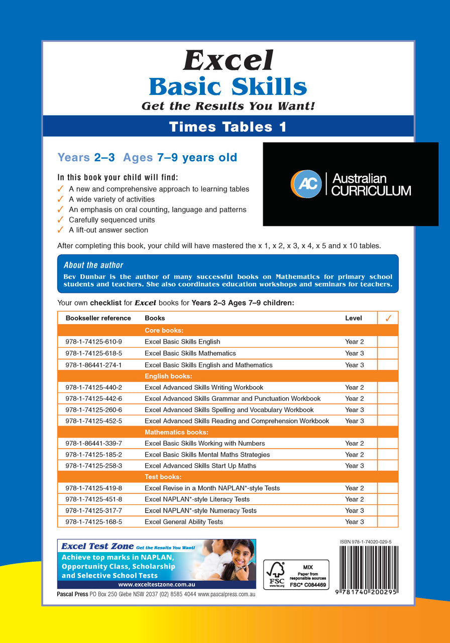 Additional page image from the Excel Basic Skills Times Tables 1 Years 2-3 workbook, shown at the end of the publisher gallery