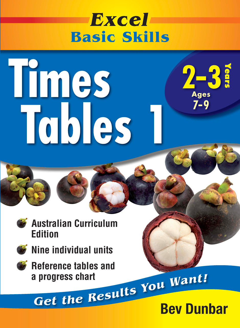 Front cover of the Excel Basic Skills Times Tables 1 Years 2-3 workbook from Pascal Press showing the Excel branding, title and year level