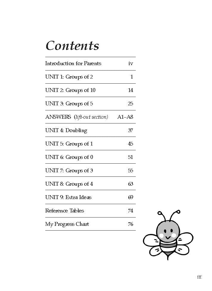 Sample inside activity page from the Excel Basic Skills Times Tables 1 Years 2-3 workbook showing printed exercises for children to complete