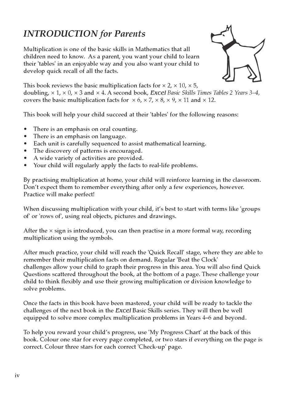 Sample inside activity page from the Excel Basic Skills Times Tables 1 Years 2-3 workbook showing printed exercises for children to complete