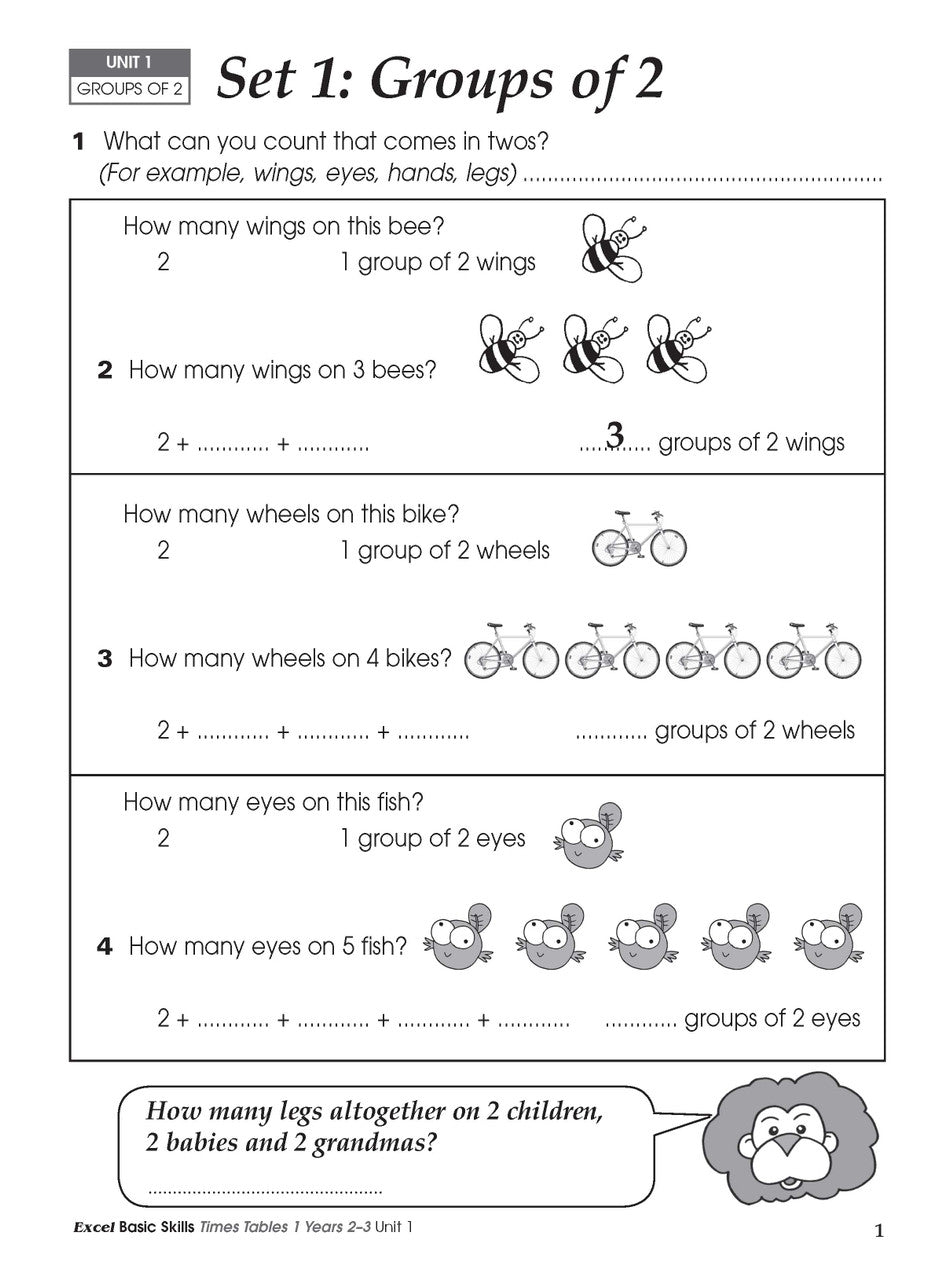 Sample inside activity page from the Excel Basic Skills Times Tables 1 Years 2-3 workbook showing printed exercises for children to complete