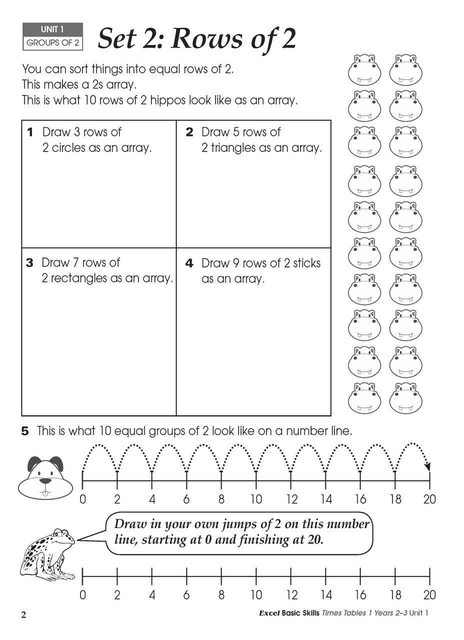 Sample inside activity page from the Excel Basic Skills Times Tables 1 Years 2-3 workbook showing printed exercises for children to complete