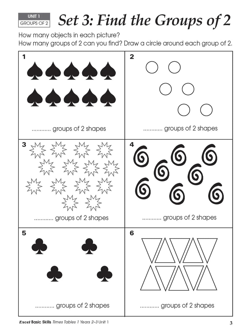Sample inside activity page from the Excel Basic Skills Times Tables 1 Years 2-3 workbook showing printed exercises for children to complete