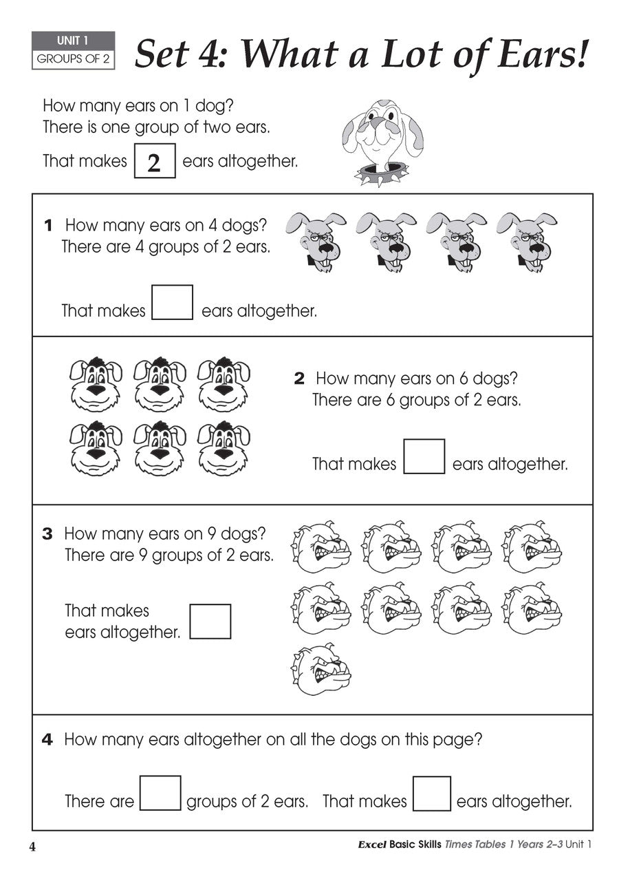 Sample inside activity page from the Excel Basic Skills Times Tables 1 Years 2-3 workbook showing printed exercises for children to complete