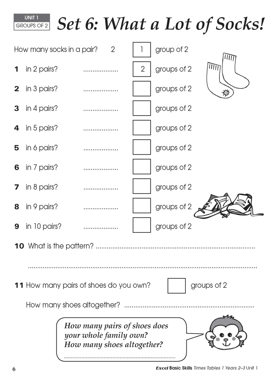 Sample inside activity page from the Excel Basic Skills Times Tables 1 Years 2-3 workbook showing printed exercises for children to complete