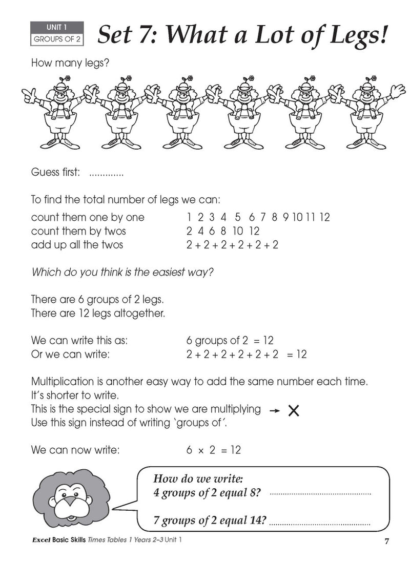 Sample inside activity page from the Excel Basic Skills Times Tables 1 Years 2-3 workbook showing printed exercises for children to complete