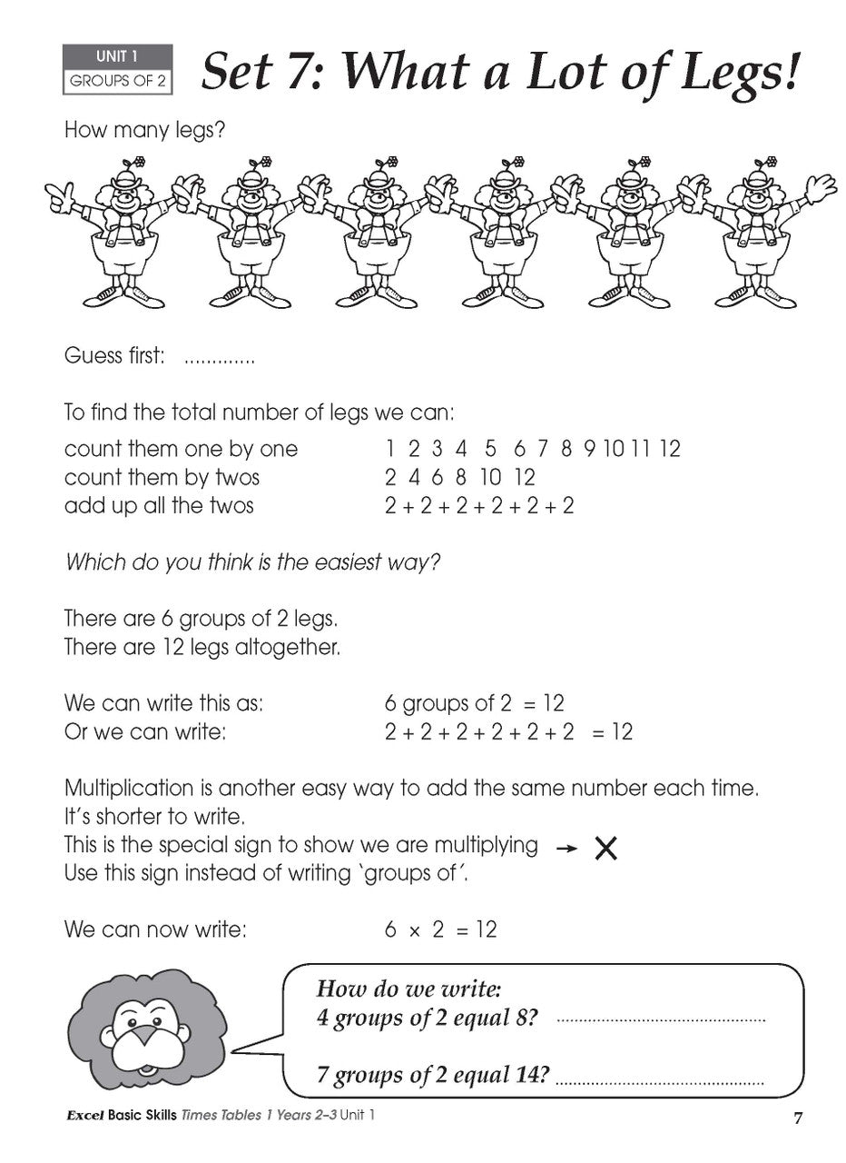 Sample inside activity page from the Excel Basic Skills Times Tables 1 Years 2-3 workbook showing printed exercises for children to complete