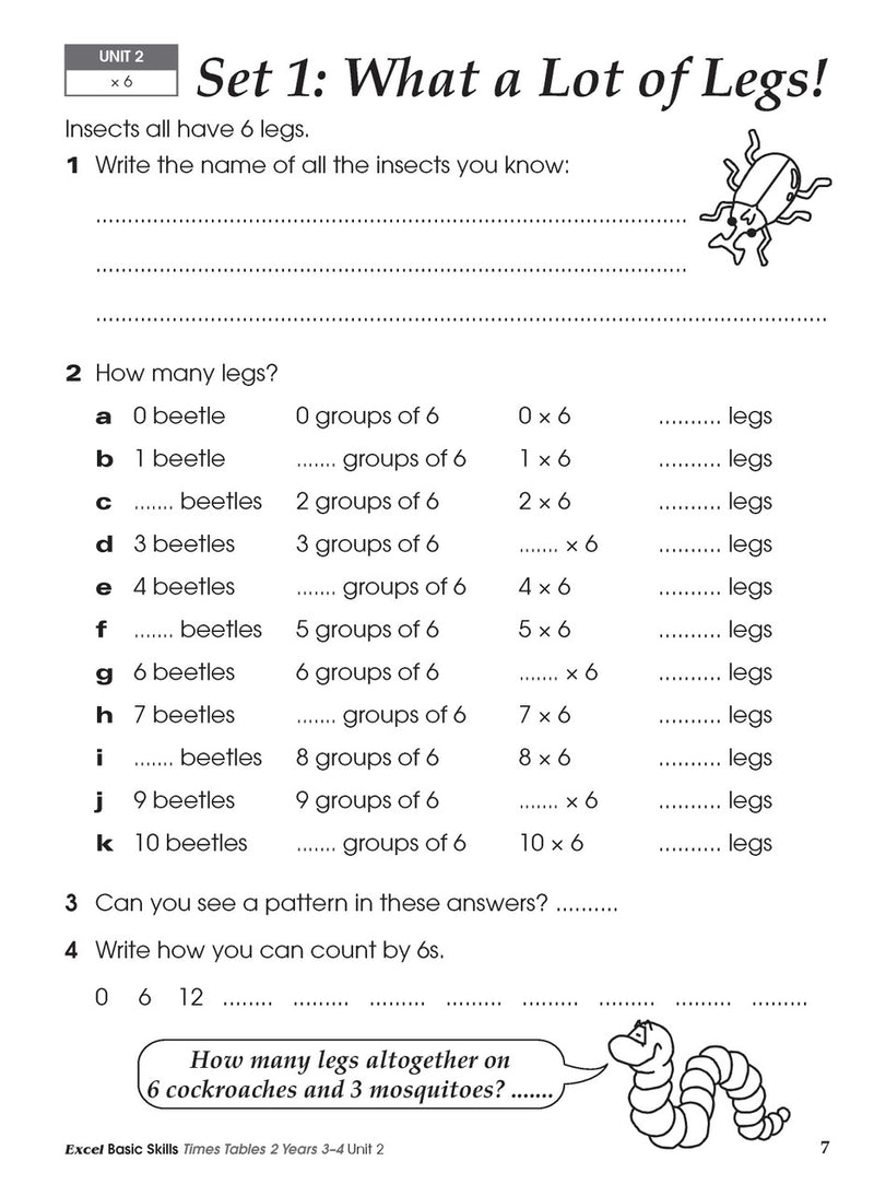 Sample inside activity page from the Excel Basic Skills Times Tables 2 Years 3-4 workbook showing printed exercises for children to complete