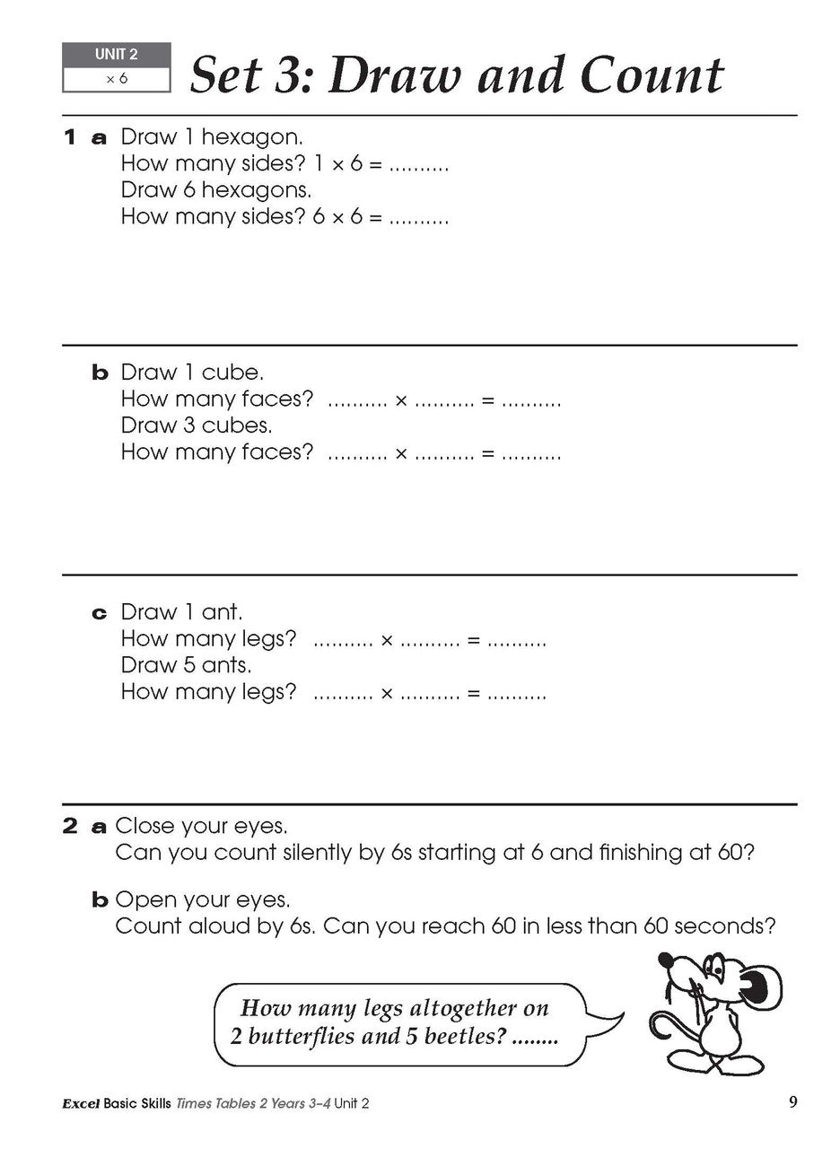 Sample inside activity page from the Excel Basic Skills Times Tables 2 Years 3-4 workbook showing printed exercises for children to complete